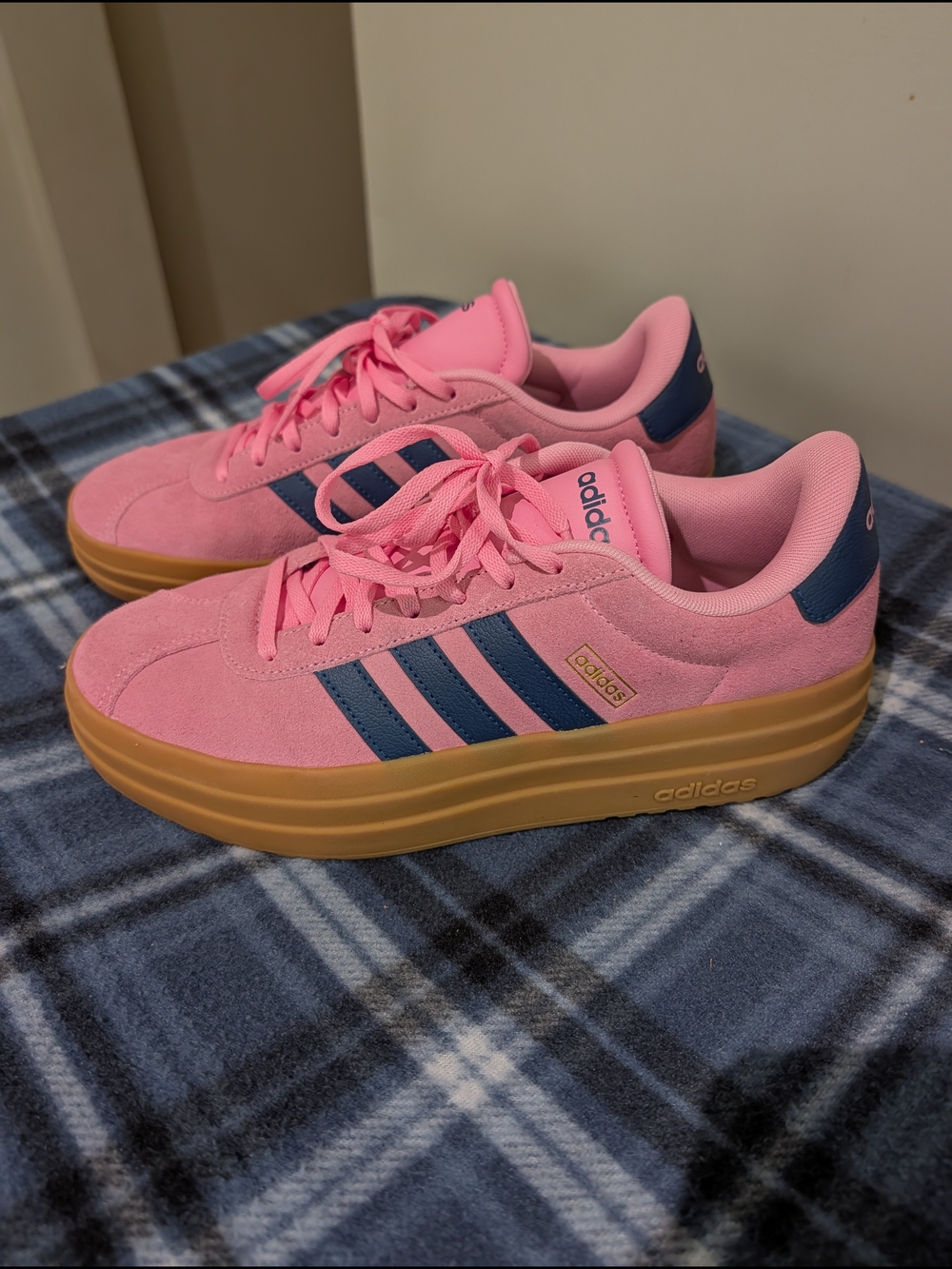 Adidas Women's Court VL Bold Pink Suede Platform Sneakers with Navy Stripes